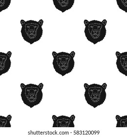 Brown bear muzzle icon in black style isolated on white background. Russian country pattern stock vector illustration.