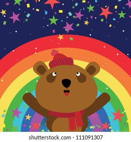 Brown bear in the night sky with rainbow