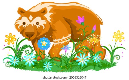 Braunbär auf Blumenwiese-Totem-Tiersymbol. Vektorgrafik