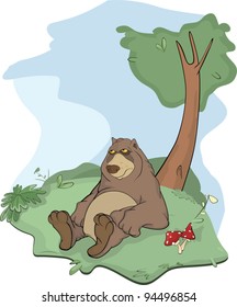 Brown bear on a glade. Cartoon