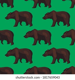 Brown bear on a green background seamless pattern, vector illustration