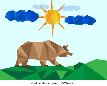 Brown bear on landscape with sun and clouds
