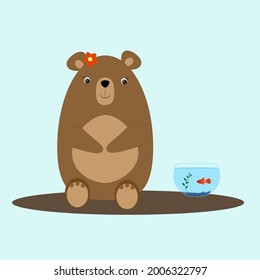 Brown bear on a light blue background next to an aquarium with a red fish inside. Vector illustration. Sweet teddy bear. Flat character. Sweet bear girl
