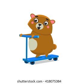  Brown Bear On Scooter Flat Primitive Geometric Design Vector Icon Isolated On White Background