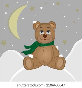 
Brown bear on a snowdrift. Teddy bear in a green scarf in the snow. Teddy bear at night in the forest in the snow.