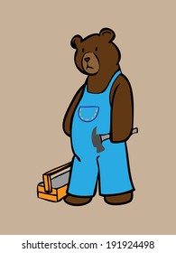 Brown bear in overall jean with hammer
