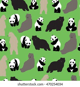 Brown bear and Panda Pattern. Seamless Pattern green Background.