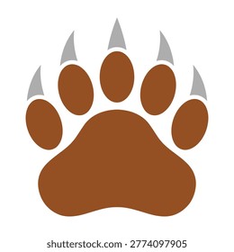 Brown bear paw print with sharp claws on white background, animal footprint symbol