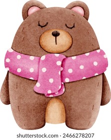A brown bear with a pink polka dot scarf