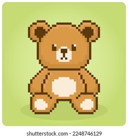 Brown bear pixel art is sitting. Cute animals for game assets in vector illustrations.