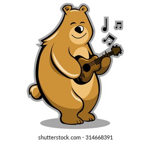A brown bear playing guitar.
