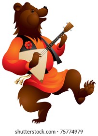 Brown bear playing music on the Russian traditional musical instrument Balalaika and dancing, fairy tales and folklore character in Russia