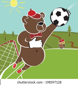 Brown bear plays football .Bear goalkeeper catches the ball.Football field in the forest.Cartoon vector humorous illustration