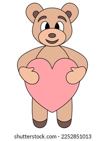 Brown bear. The plush bear holds a pink heart in its paws. Color vector illustration. Isolated background. Cartoon style. Little teddy bear. The animal brings you a symbol of lovers. 