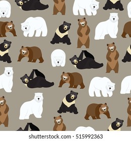 Brown bear, polar bear and black bear on brown background pattern. Animal seamless pattern design. 