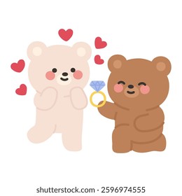 Brown Bear Proposing to White Bear with a Ring and Heart Icon Vector Illustration