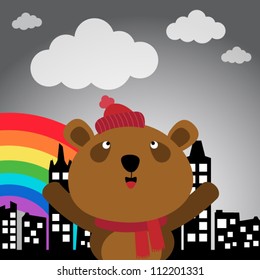 Brown bear and rainbow in the city