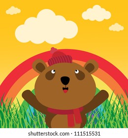 Brown bear with rainbow in the forest