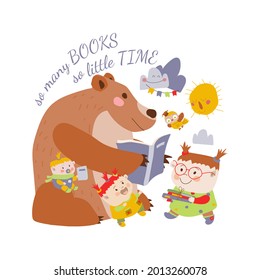 A brown bear reading a book to children. The big bear is reading a book to his friends. A little girl is carrying books. Vector illustration on white background in cartoon style. Isolate. 