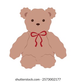 Brown bear with a red bow. On a transparent background.Romantic gift.