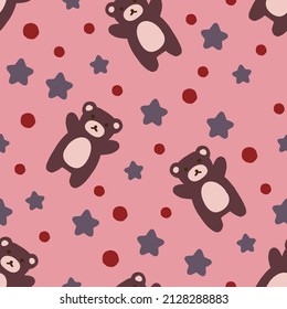 brown bear with red dots and grey stars on a pink seamless pattern background, fabric and textile surface design, wrapping paper motif, gift cover texture, hand drawn wallpaper decor, minimal vector