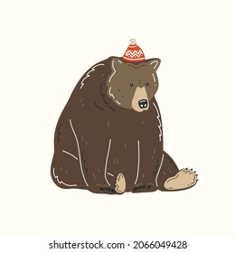 Brown bear in a red hat with pompom. Vector illustration