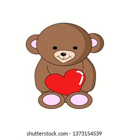 Brown bear with a red heart in his hands in vector.Vector illustration for cards, glasses, t-shirts