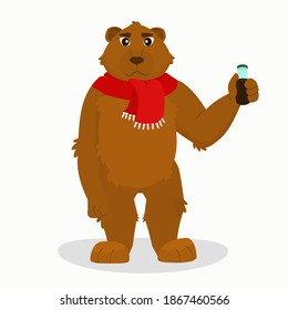 brown bear with a red scarf with a bottle of lemonade in his paw. Winter new year illustration