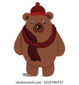 A brown bear with a red scarf and a red hat. Vector illustration 