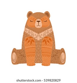 Brown Bear Relaxed Cartoon Wild Animal With Closed Eyes Decorated With Boho Hipster Style Floral Motives And Patterns