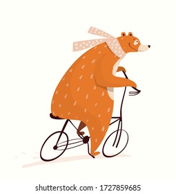 Brown bear riding bicycle funny circus design for kids, nursery design, cycling or racing symbol. Sweet and cute animal print for textile, t shirt or cards for children. Vector hand drawn cartoon.