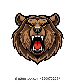 Urso marrom rugido logotipo cabeça ou ícone. Símbolo de desenhos animados ideal para mascote. Ilustração do vetor de estoque.