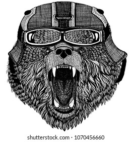 Brown bear Russian bear Animal wearing motorycle helmet. Image for kindergarten children clothing, kids. T-shirt, tattoo, emblem, badge, logo, patch
