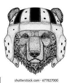 Brown bear Russian bear Wild animal wearing rugby helmet Sport illustration