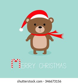 Brown bear in santa claus hat and scarf. Candy cane. Merry Christmas Greeting Card. Blue background. Flat design Vector illustration