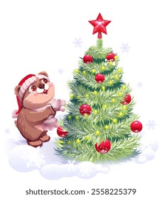 Brown bear in santa hat and christmas tree with decorations. Vector cartoon illustration isolated on white