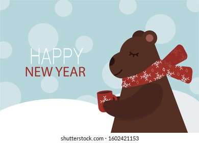Brown bear with scarf and cup of tea. Happy new year poster