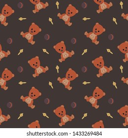 Brown bear seamless pattern. Little bear Ball and rattle. Dark background. Great for kids room, wall art, backgrounds, packaging, fabrics, scrapbooking and gift wrapping. Interior Design.