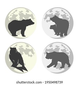 brown bear silhouette against full moon disk - vector outline set of wild animasl in color and monochrome