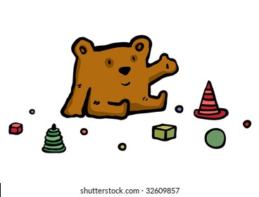 Brown the bear sits near to toys an illustration