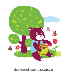 Brown bear sits on a flower meadow under a tree and eats honey. Bees are flying arond him. 