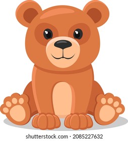 El oso pardo se sienta y sonríe con un fondo blanco. Carácter de oso