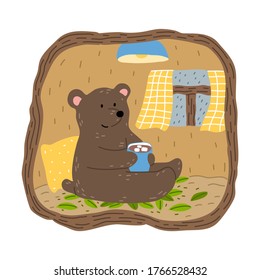 Brown bear sitting in his burrow, drinking cacao and looking at rain in window