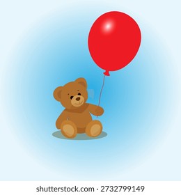 A brown bear is sitting and holding a red ball in its paws. The concept of love, Valentine's Day, and March 8