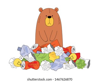 Brown bear sitting in a pile of garbage. The problem of ecology and waste management. Plastic bottles, cans, paper, cups, batteries, bags, etc. Vector image on white background
