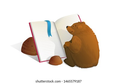Brown bear sitting reading book education cartoon.Smart and cute bear cub studying sitting in front of open empty book and reading. Vector watercolor style cartoon. 