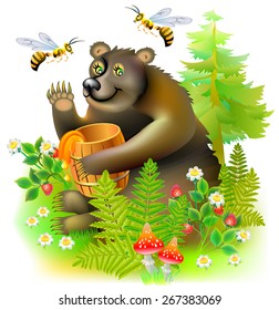 Brown bear sitting in the woods with a barrel of honey, vector cartoon image