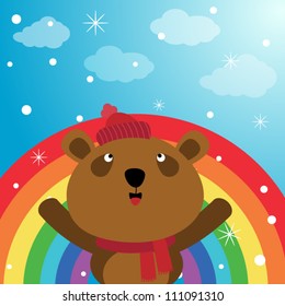 Brown bear in the sky with rainbow