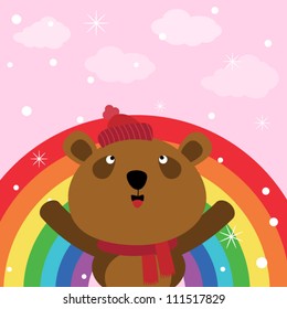 Brown bear in the sky with rainbow