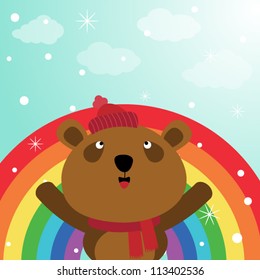 Brown bear in the sky with rainbow